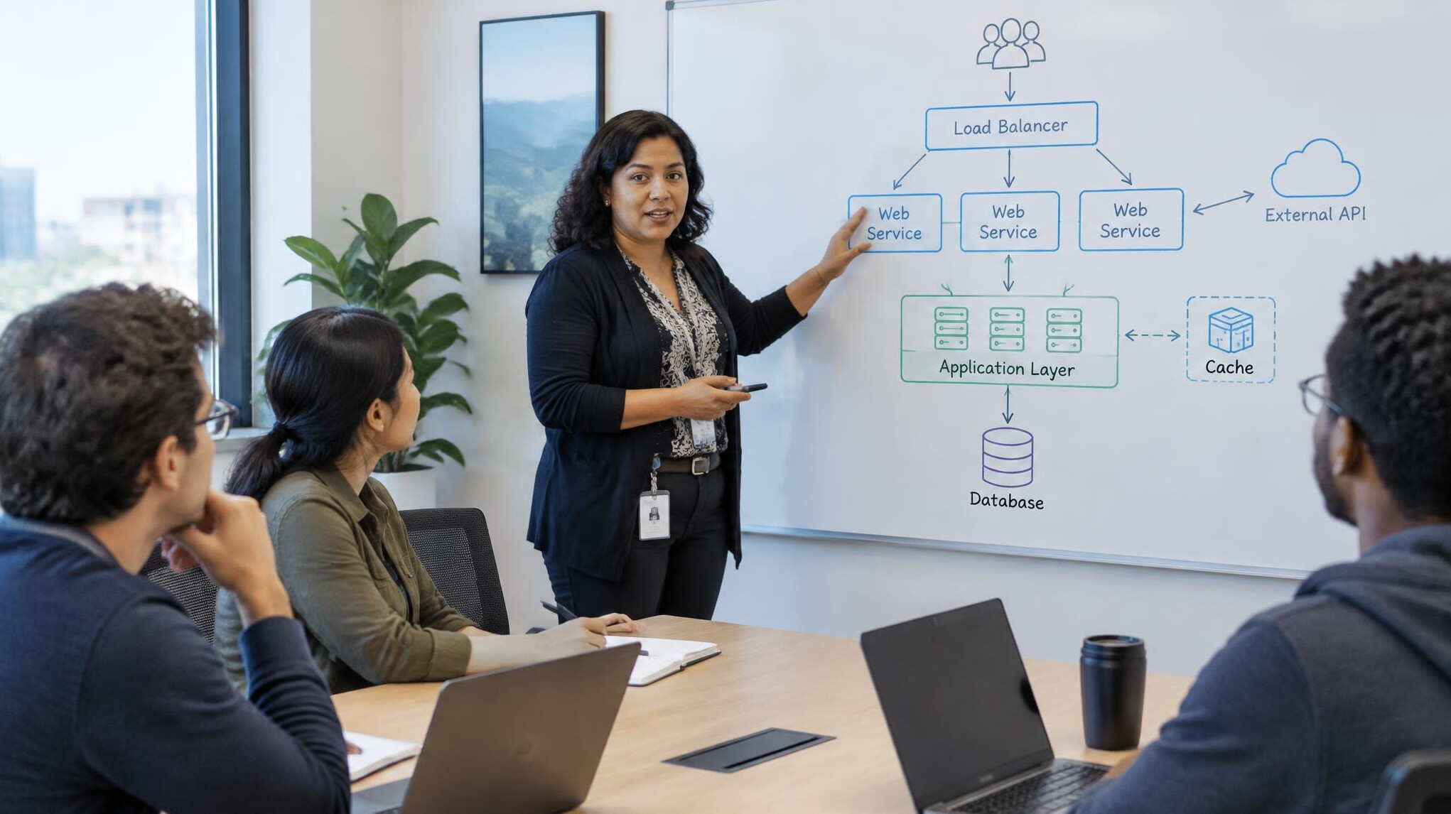 Instructor explaining a software architecture diagram on a whiteboard to attentive trainees