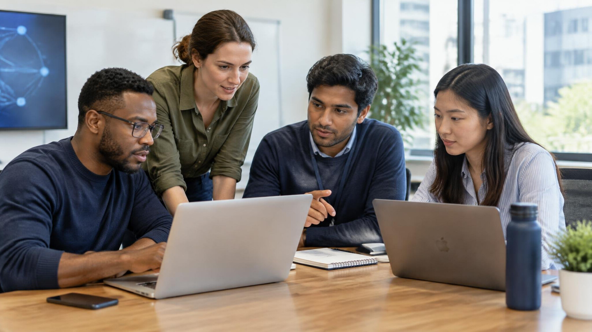 Diverse group of software engineers collaborating around laptops in a corporate training room