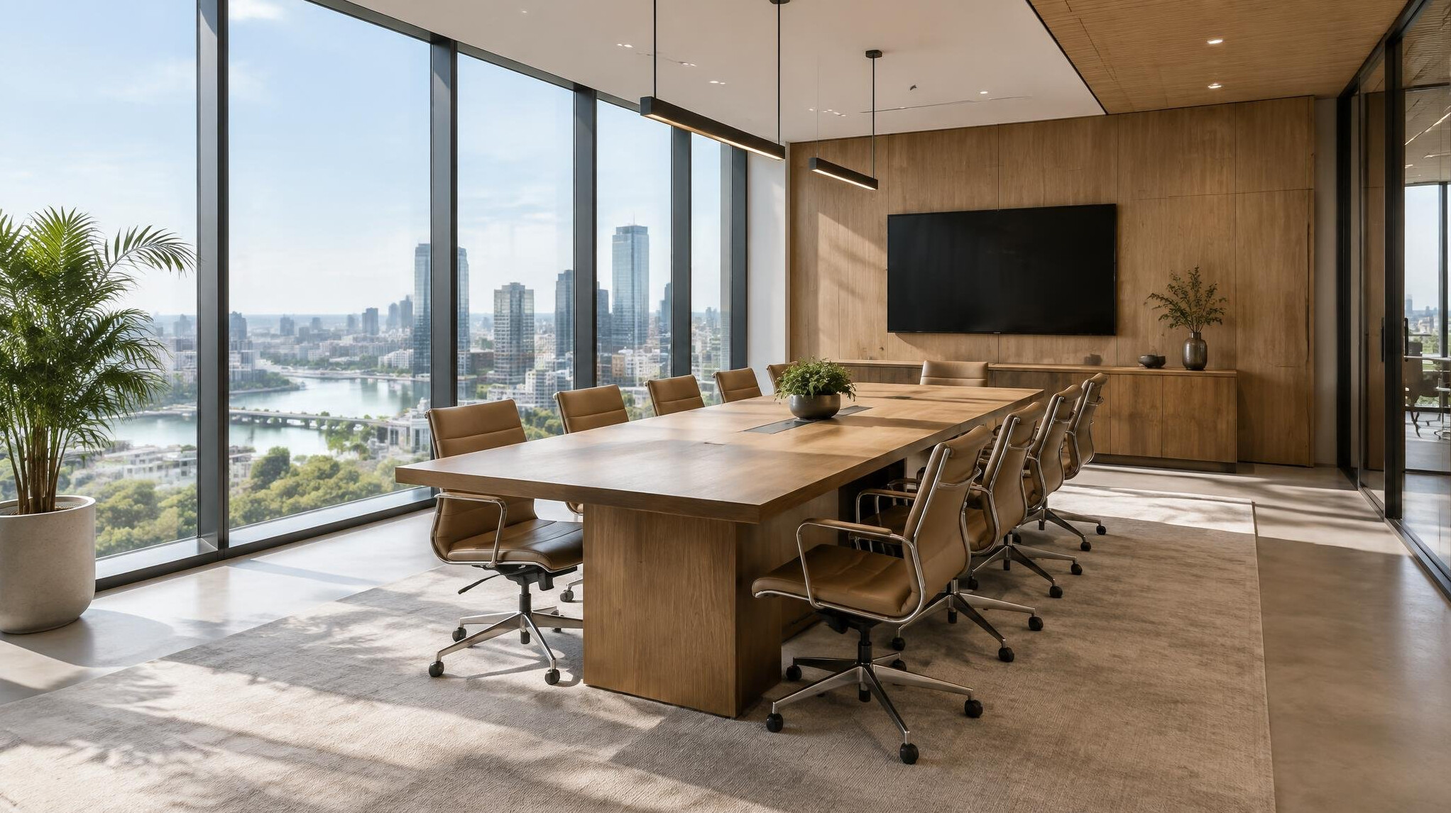 Modern corporate office meeting room with large windows and natural light