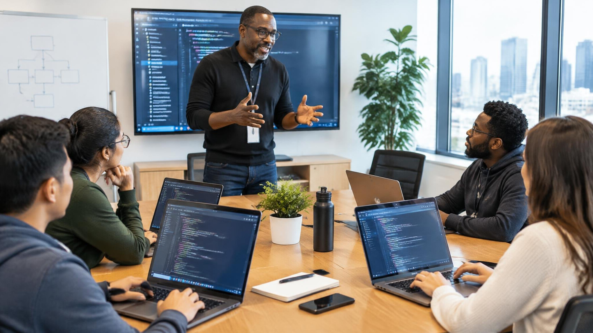 Instructor leading a hands-on coding workshop for a corporate team