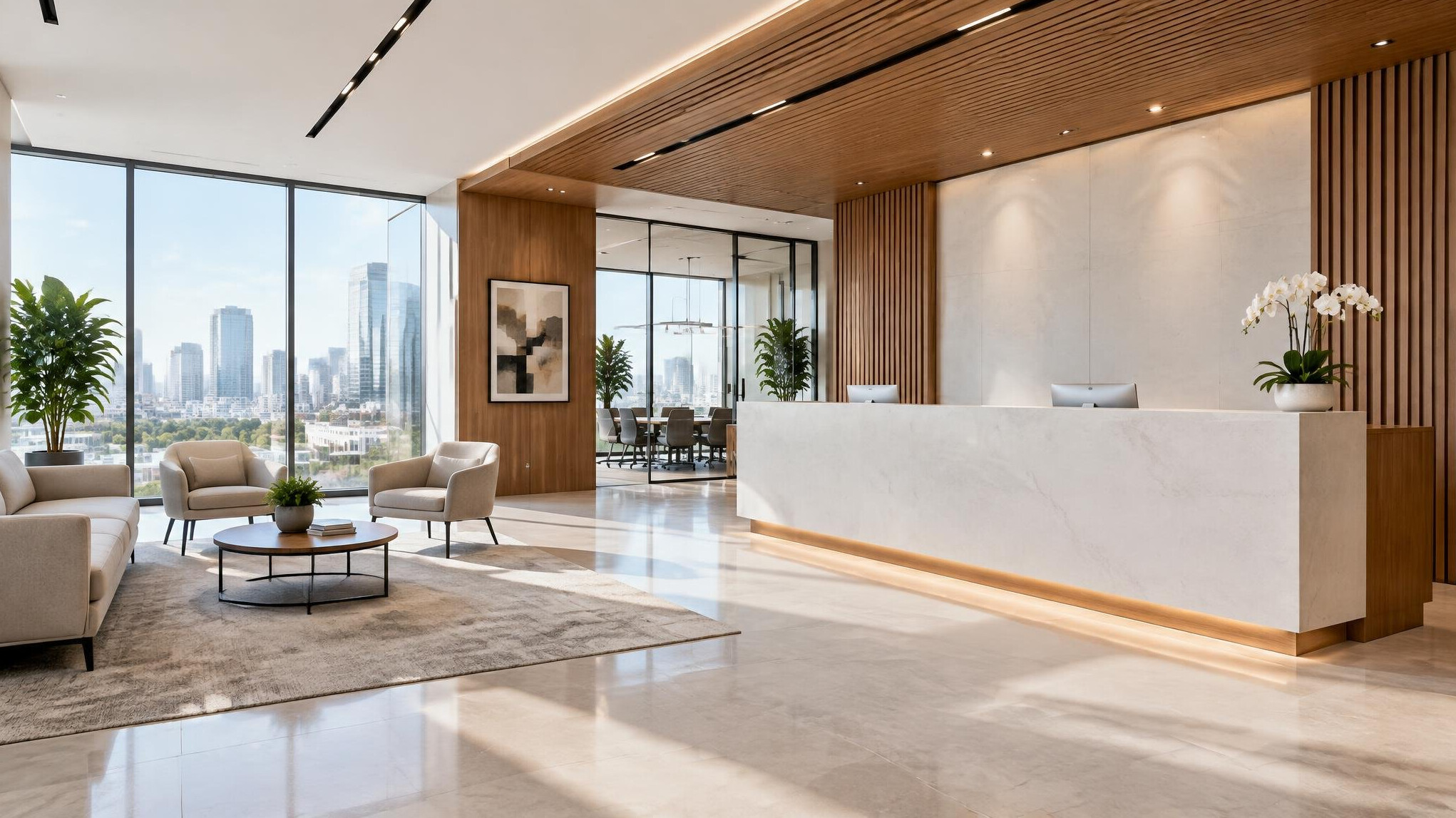 Receptionist desk in a bright modern corporate office lobby