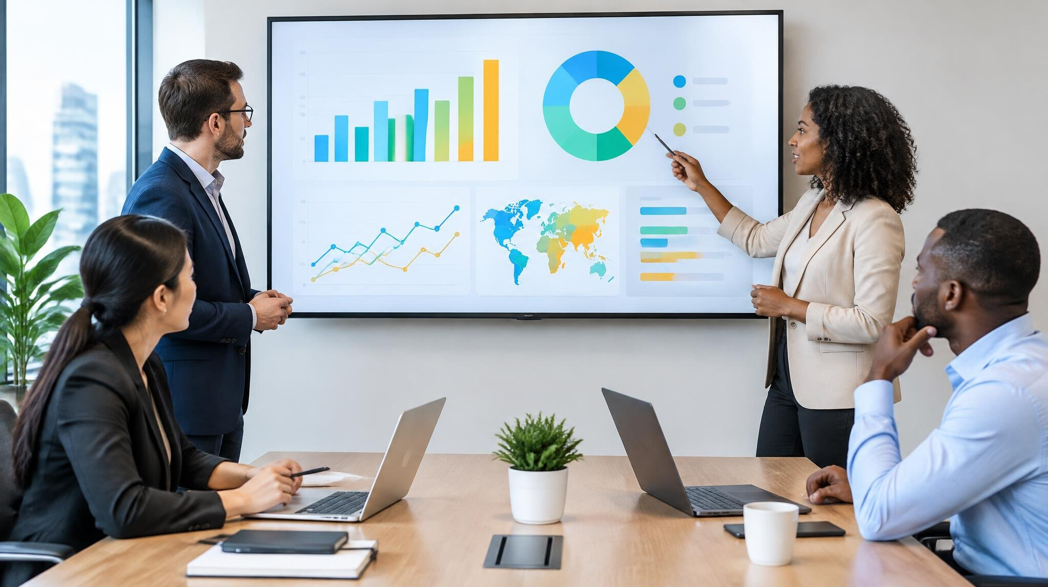 Team gathered around a large screen displaying data visualizations