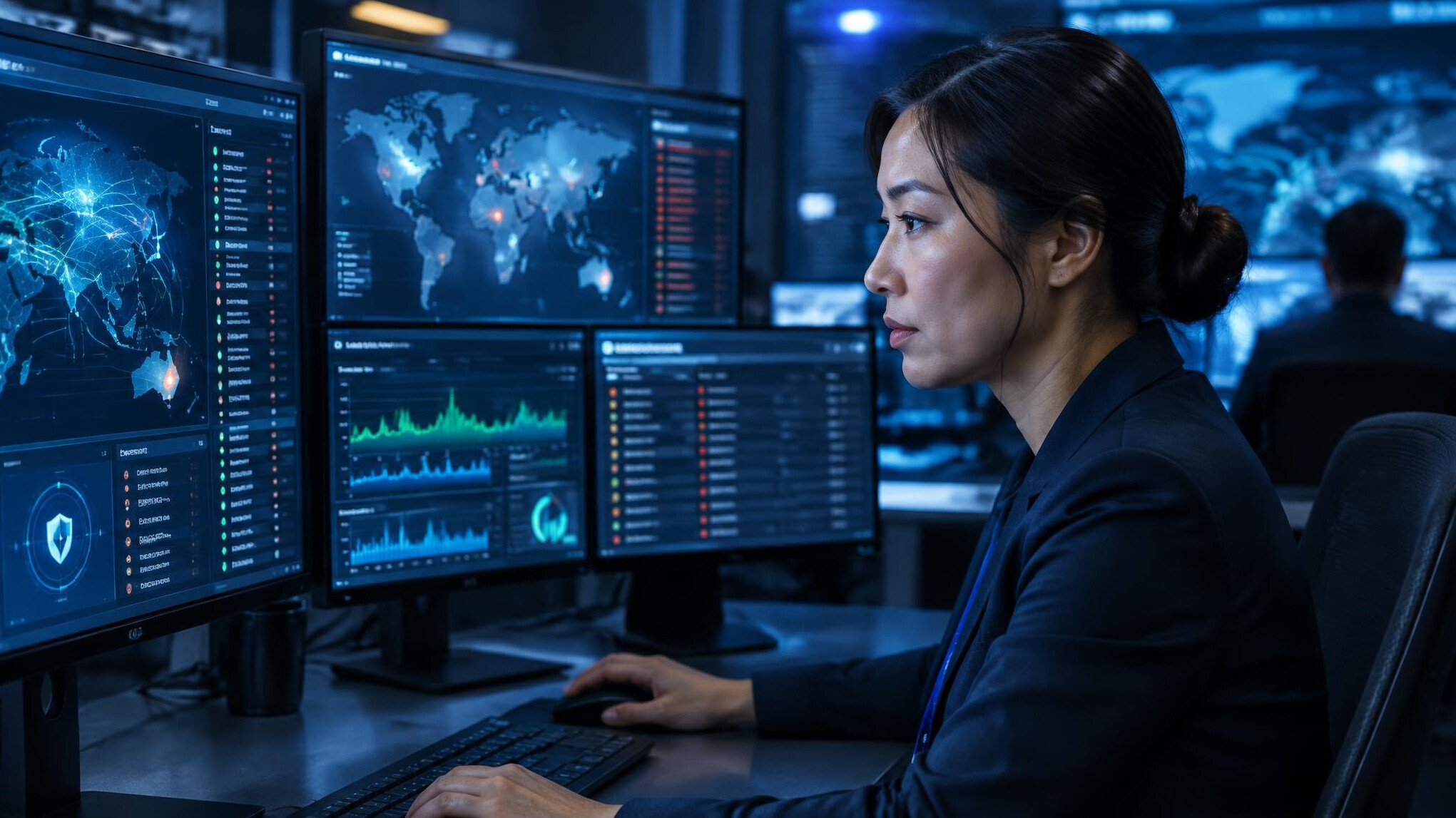 IT security specialist monitoring multiple screens with network data